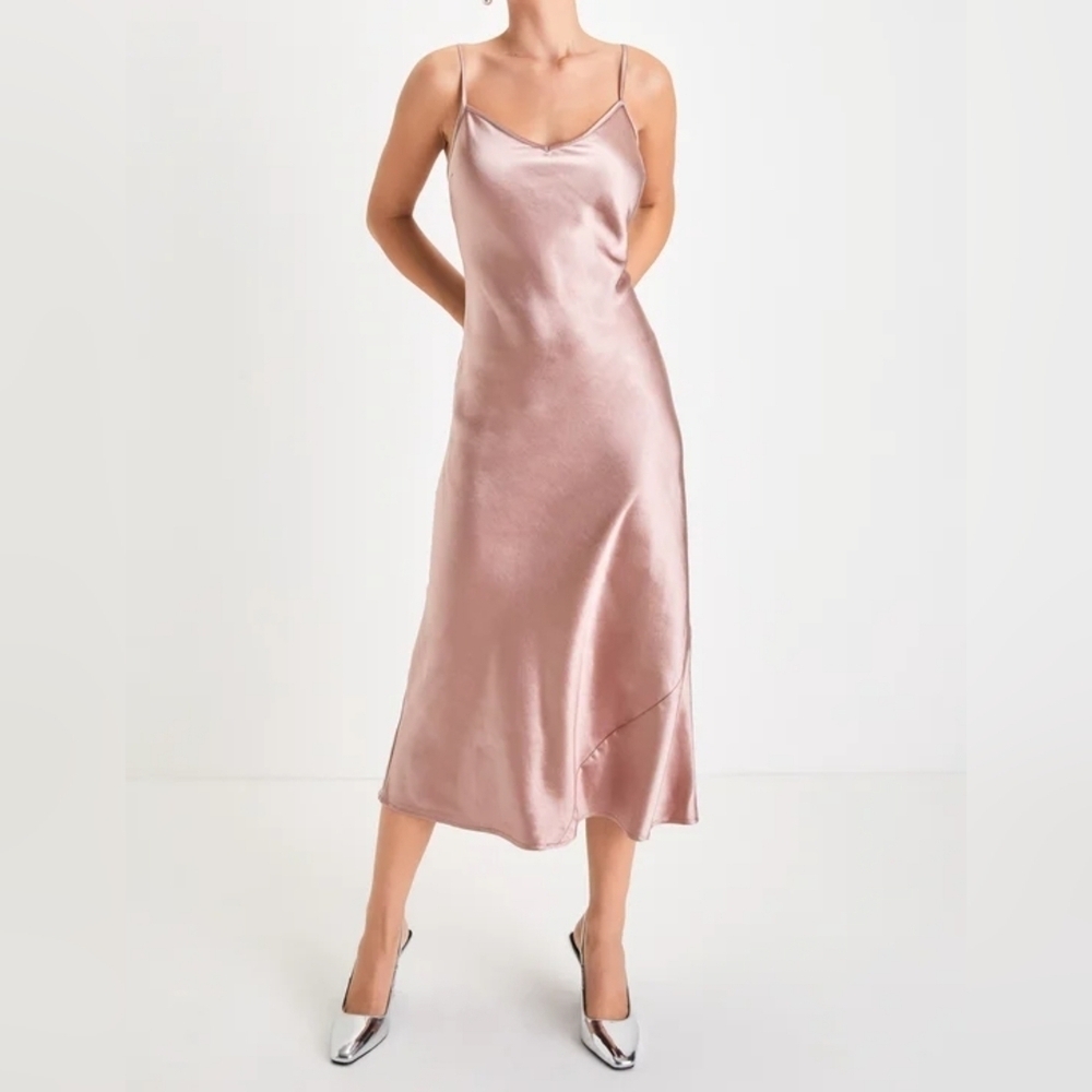 Lulus Women's Sleeveless Satin Slip Midi Dress in Mauve, Size MED, NWOT
